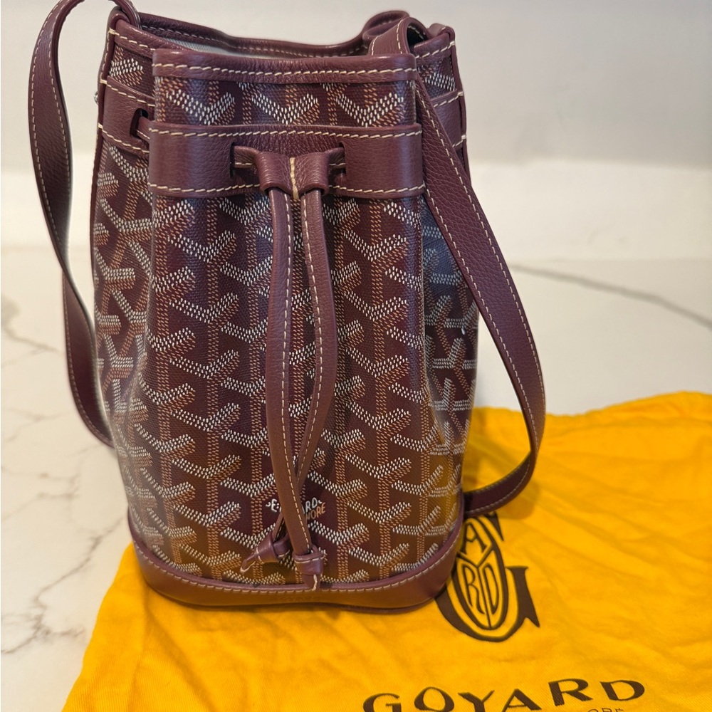 Goyard Petit Flo Burgundy Bucket Bag with crossbody strap